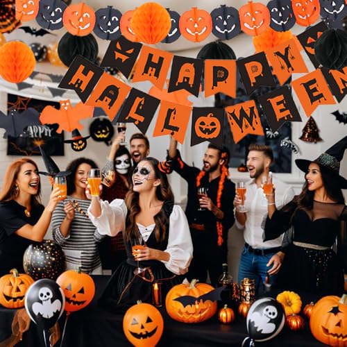 Halloween Party Decorations Banner Pumpkin Bats & Pom Poms Set - Fall Festive Decor
