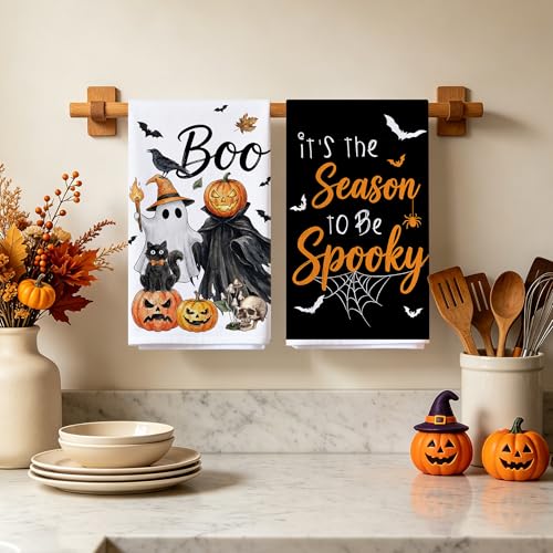 Halloween Kitchen Towels - Ghost Pumpkin Lantern Spooky Hand Towels - Microfiber Decor