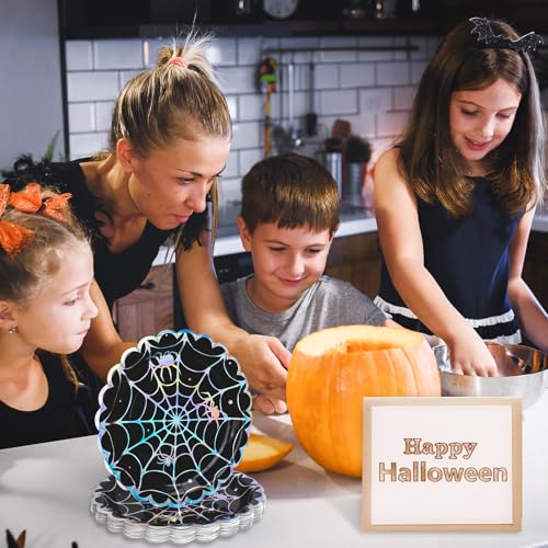 Halloween Spider Web Dinner Plates - 50 Pack Iridescent 9 Inch Disposable Party Tableware - Black Silver Laser Effect - Spider Web Variation