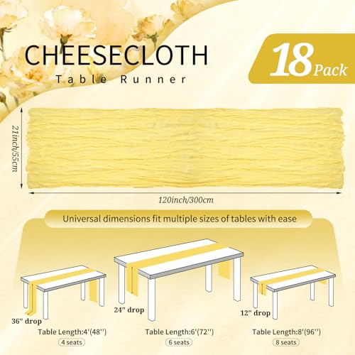 Light Yellow Cheesecloth Table Runner 10ft Pack of 18 Boho Rustic Decor