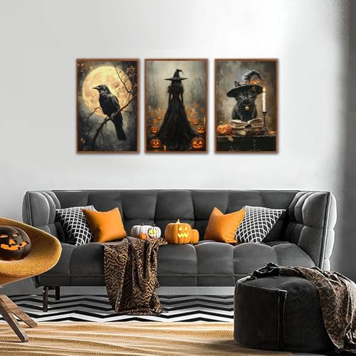 Halloween Gothic Wall Art Set - Black Cat & Witch Prints, 16x24 Inches - Dark Halloween Decoration