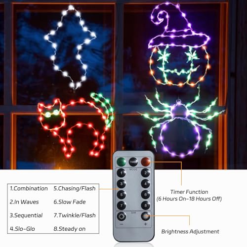 Halloween Indoor Window Decorations Lights 4 Pack - Ghosts Pumpkins Spiders with Remote