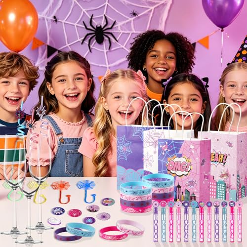 Pink Purple Spider Party Favors Gift Bags & Toys Set - Kids Birthday & Halloween Decorations