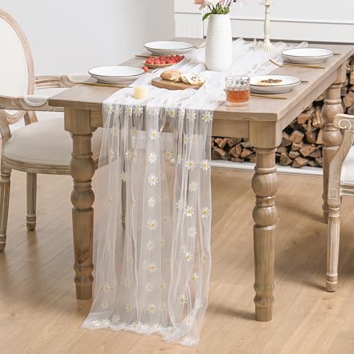 White Embroidery Daisy Tablecloth 60x120 Inch Rectangular - Durable Polyester