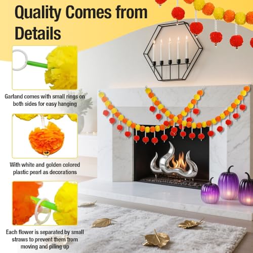 Orange Marigold Garland with Pearls for Diwali Decoration - 5Ft, 2 Pack