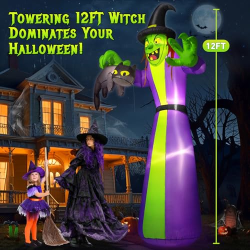 Giant Halloween Inflatable Witch with Black Cat - 12FT Outdoor Yard Decor with LEDs & Blower