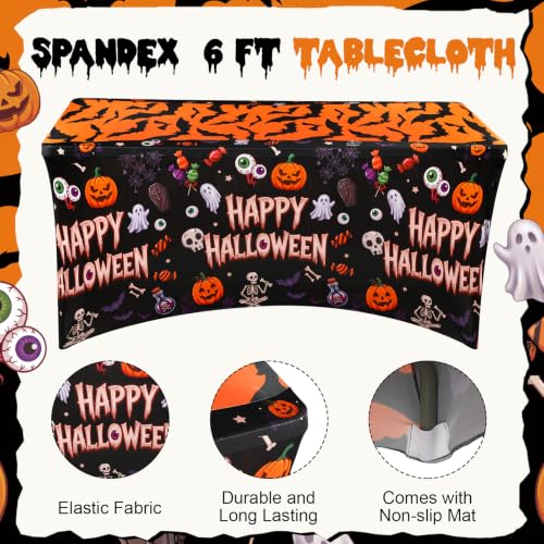 Halloween Tablecloth Set - 2 Elastic Spandex Cover with Skeletons Bats Ghosts Pumpkin - 6ft