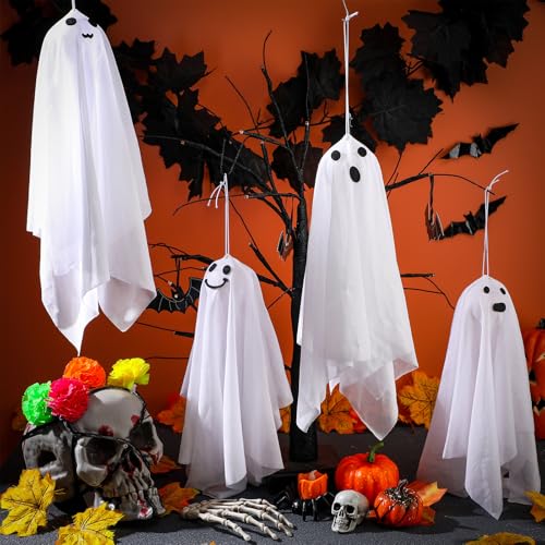 Halloween Hanging Ghost Decorations Set - 12 White Cloth Ghosts for Indoor Outdoor Spooky Decor