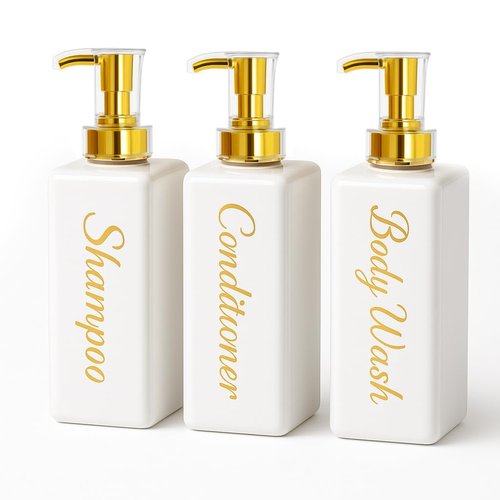 uMadeUs Shampoo and Conditioner Dispenser - Essentials Toiletry Bottles - Shower Refillable Shampoo and Body Wash Soap Pump Bottle – 3X 16oz Family Size Containers - White All Gold 1 Square