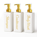 uMadeUs Shampoo and Conditioner Dispenser - Essentials Toiletry Bottles - Shower Refillable Shampoo and Body Wash Soap Pump Bottle – 3X 16oz Family Size Containers - White All Gold 1 Square