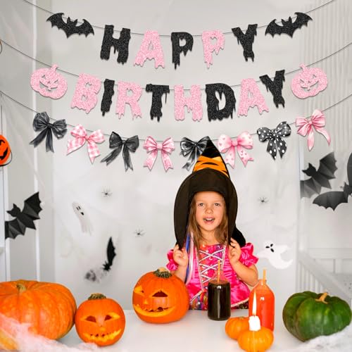 Pink Halloween Decorations Banner with Glitter Bow - Spooky Birthday Party Decor for Girl - Bow Boo Variation