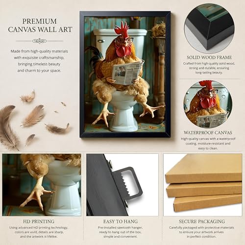 A-Rooster Framed Canvas Wall Art - Humorous Bathroom Decor 16x12 Inches