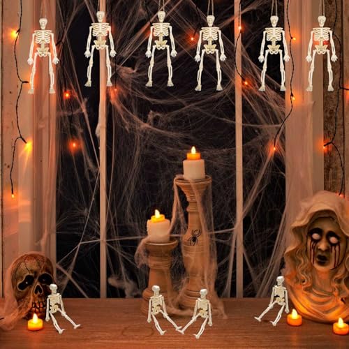 Mini Skeleton Figurines Set - 8 Plastic Halloween Decorations with Jute Rope