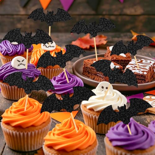 Halloween Cupcake Toppers Black Glitter Bat - 40Pcs Bat Themed Cake Decorations - Variation: Bat