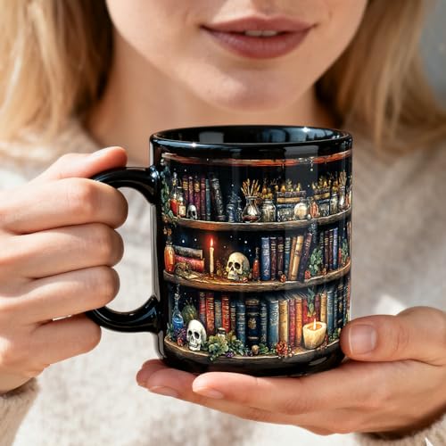 Gothic Skull Book Lover Mug - Halloween Coffee Cup for Men Women, Gift Idea