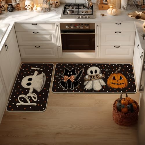 Halloween Pumpkin Kitchen Mats Set of 2 - 24x35 & 24x59 Black