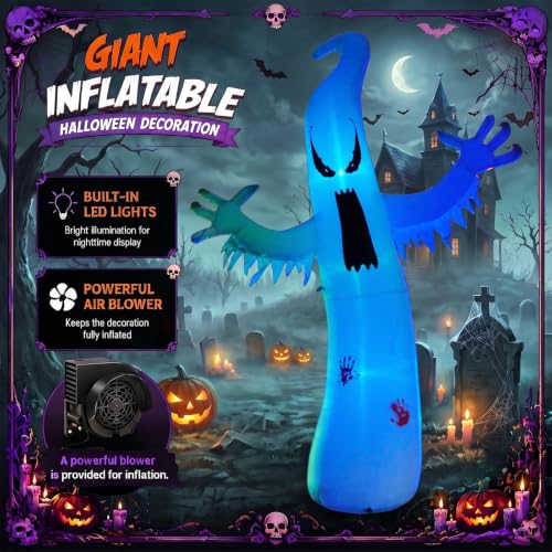 Giant 12FT Inflatable Ghost Halloween Decoration with 4-Color LED Lights, Water Bags & Stakes