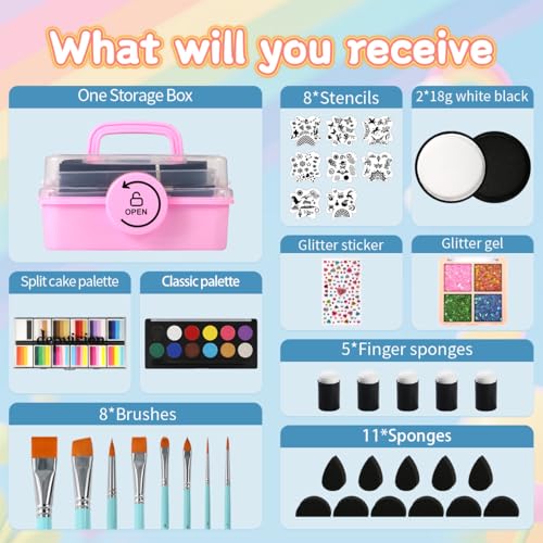 Kids Face Painting Kit 68 Colors Split Cake Water-Based Non-Toxic Safe for Sensitive Skin Halloween Party