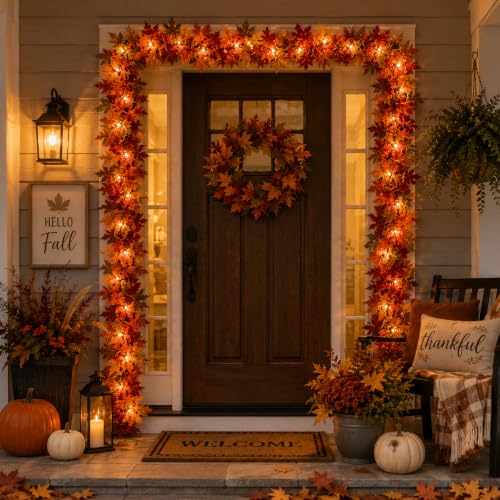9FT Fall Garland with Lights - Maple Leaf Seasonal Home Decor