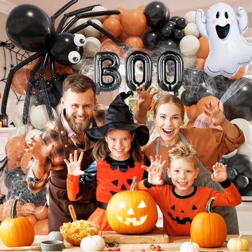Halloween Balloon Garland Arch Kit with Ghost, BOO, Spider Web & Eyeball Balloons - Black Orange White Sand Variation