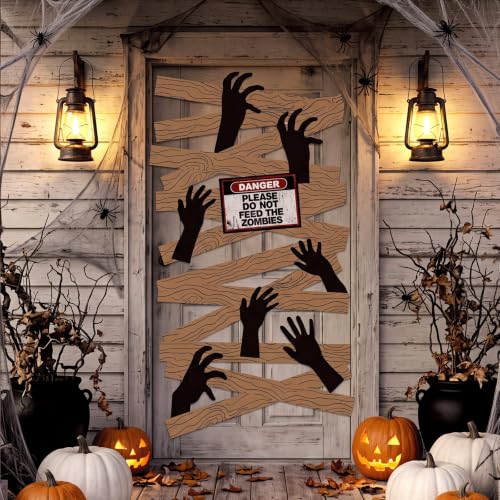 Halloween Haunted Window & Door Decoration Set with Zombie Hands and Warning Sign