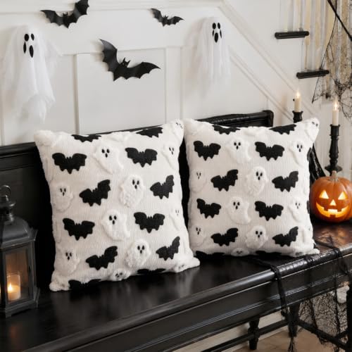 Halloween Throw Pillow Covers Set of 2 Ghost and Bat Design 18x18 Inches