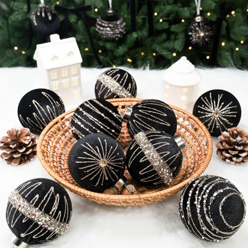 Hismir Velvet Christmas Tree Ornaments - Black 3.15 Inch 12 Pcs Xmas Balls Set