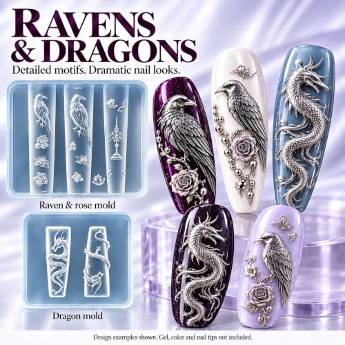 3D Halloween Nail Charms Mold Set - Teeth Skull Bones Chains Dragons