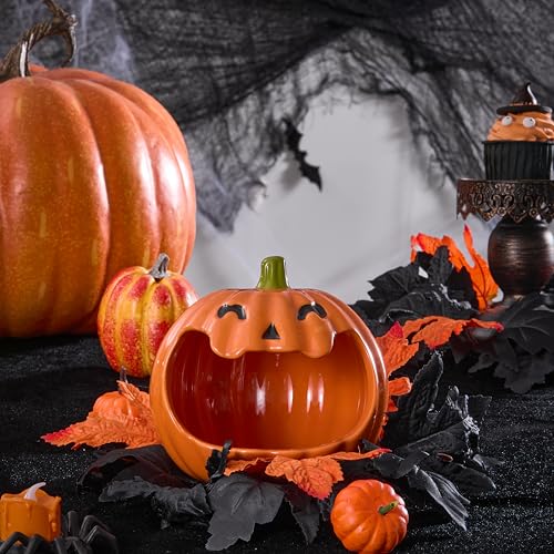 Orange Pumpkin Ceramic Candy Bowl Holder with Large Opening Halloween Decor