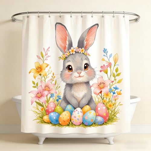 Multicolor Easter Shower Curtain Set - 72x72 Inch Waterproof Bunny & Flowers Bathroom Decor