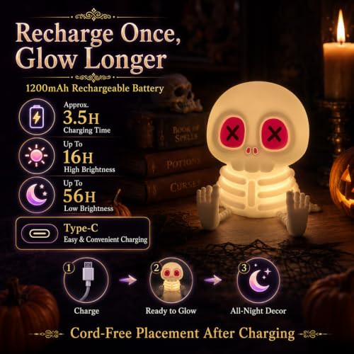 Pink Skeleton Night Light Toy - Rechargeable Silicone Halloween Decor - Warm White Skull Lamp