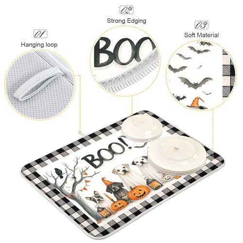 Halloween Dogs Dish Drying Mat 16x18 Inches Raven Bat Pumpkin Reusable Microfiber