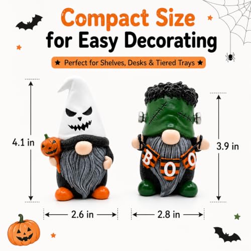 Halloween Gnome Decorations Set - Resin Ghost & Frankenstein Figures, 4-Inch Miniature