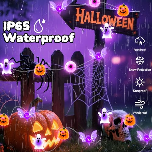 Halloween String Lights 16ft 50LED Pumpkin Bat Eyeball Ghost Waterproof USB & Battery Powered with Remote Control - 2 Pack