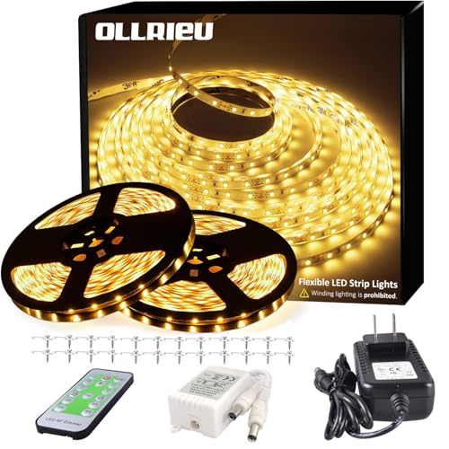 Warm White LED Strip Lights 12V 50ft Dimmable Kit - 600 Inches with Remote & Power Supply