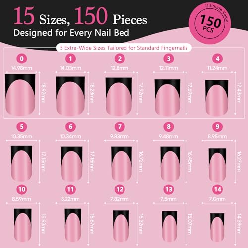 Black French Tip Press-On Nails Set - Short Square 150 Pcs with Deep Pink & Black Variation