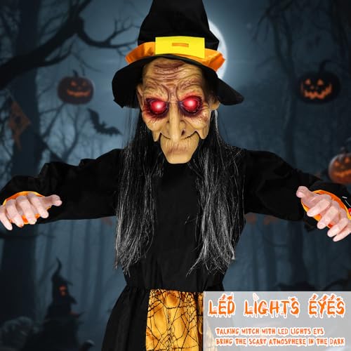 67-Inch Halloween Hanging Witch with Light-Up Eyes & Sound Activation - Outdoor Indoor Decor Yard Garden Black