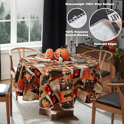Halloween Rustic Farm Vinyl Tablecloth 70 Inch Round with Flannel Backing - Spooky Farm Design