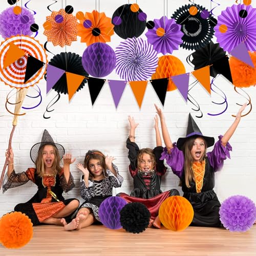 Purple Halloween Party Decorations Kit - Paper Fans Pom Poms Banner & More