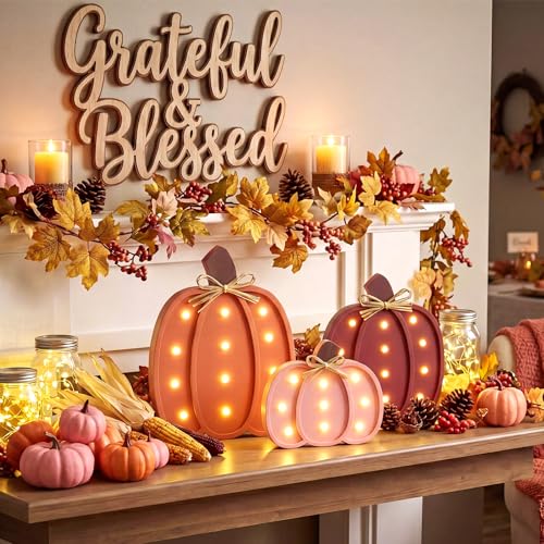 Pink Wooden Pumpkin Decor with LED Lights - Fall Halloween Thanksgiving Centerpiece