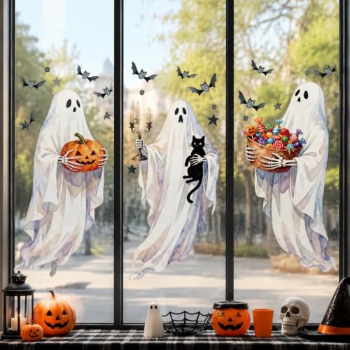 Halloween Ghost Window Clings Set - Large Static Stickers for Windows, Mirrors & Glass Doors - Variation: Halloween Style 14