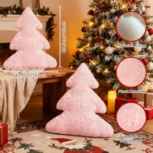 Christmas Tree Pillows Set of 2 - Snowflake & Tree Holiday Decor 16x18 Inch Pink