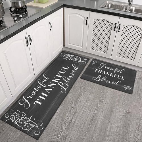 Black Thankful Blessed Kitchen Rugs Set of 2 - 17x47 & 17x30 Inch Cushioned Non-Slip Mat