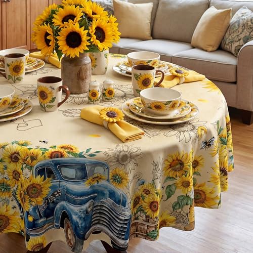 Sunflower Tablecloth 70 Inch Round - Blue Truck and Gnome Design, Washable Summer Decor