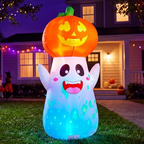 Red Halloween Inflatable Ghost Pumpkin with Colorful Flashing Lights - 5FT Yard Decor