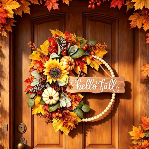 20 Inch Fall Wreath with Wooden Beads and Autumn Decorations - Front Door Decor