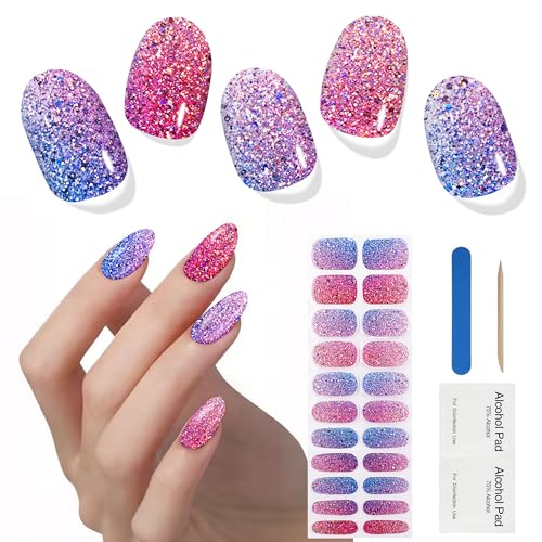 Semi Cured Gel Nail Strips with UV Light Required - Shiny Pink Blue 228, 22pcs