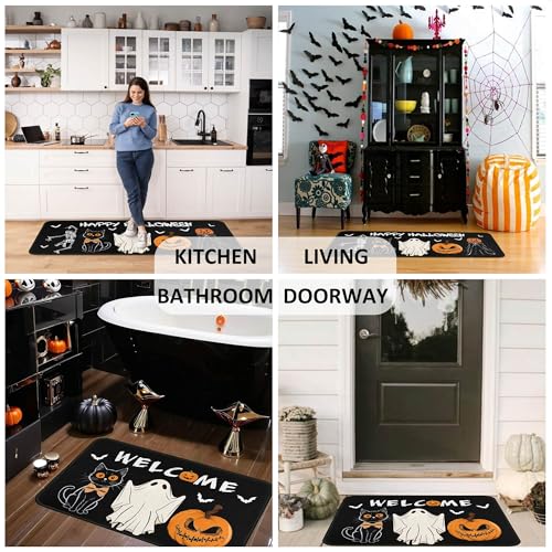 Halloween Pumpkin Skull Ghost Black Cat Doormat Set - Non Slip Absorbent Kitchen Rugs, 17x30 & 17x47 Inches, Black-D Variation