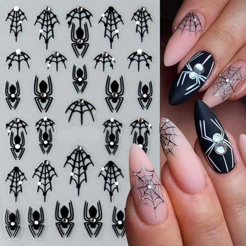 Halloween Crystal Diamonds Spider Web Nail Stickers - Self-Adhesive 3D Decals, Ghost & Bloody Design, 4 Sheets