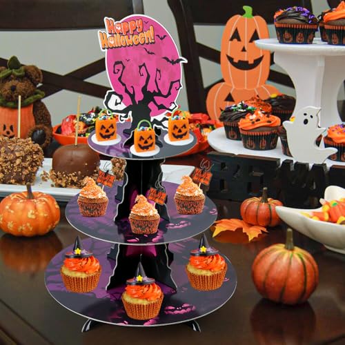 Halloween 3-Tier Cupcake Stand with Red Moon and Tree Design - Horror Theme Dessert Tower